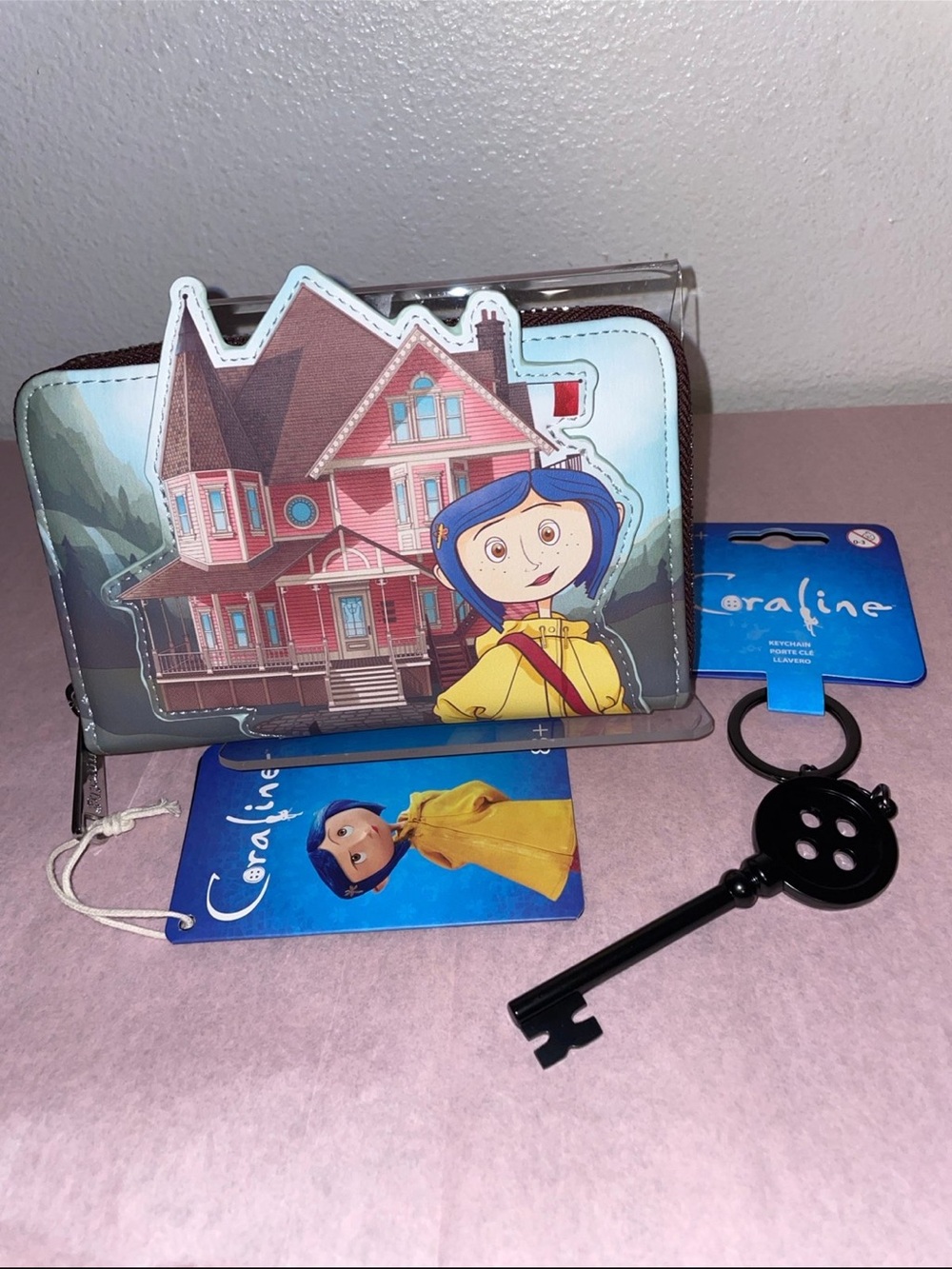 Exclusive Loungefly Coraline Pink Palace Buttons Wallet & Other World Keychain